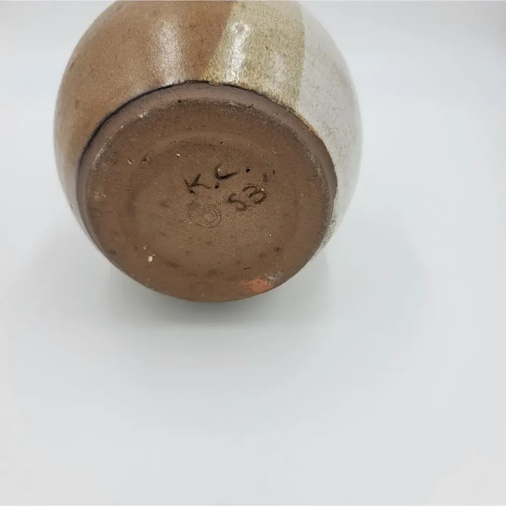 Vintage tri color earthtone handmade ceramic earthenware folk art vase